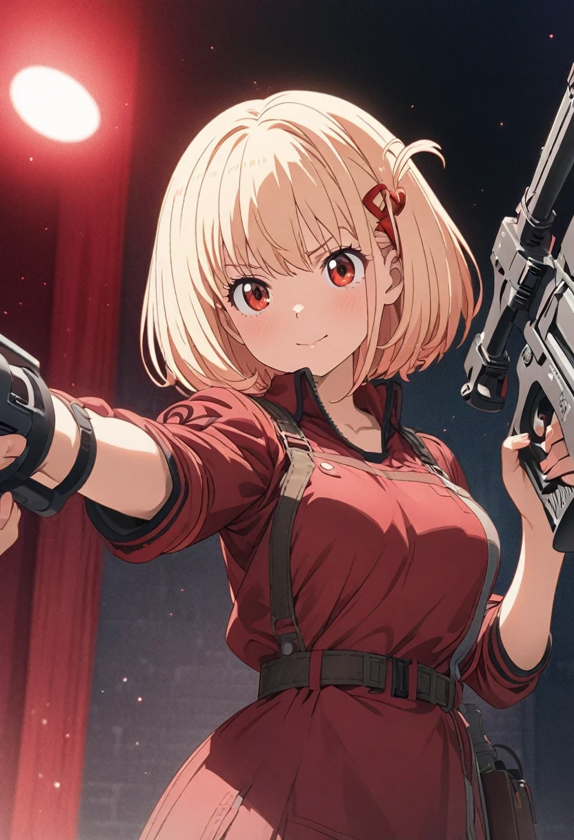 This is Chisato Nishikigi's masterpiece illustration from the anime Licorice Recoil. Her short blonde bob hairstyle has a red ribbon attached to it. He wears a red uniform. She seems to be holding a big gun and aiming at it while winking. very cute. This is a digital illustration. Sharp focus, highly detailed illustrations, masterpieces, high resolution, and Octane's overall style. Describe the whole thing. Particles of red light throughout Masterpiece, Top quality, High resolution, Unity 8k wallpaper, (Figure:0.8), Beautiful detailed eyes, Highly detailed face, Perfect lighting, Highly detailed CG, Perfect hands, Perfect anatomy