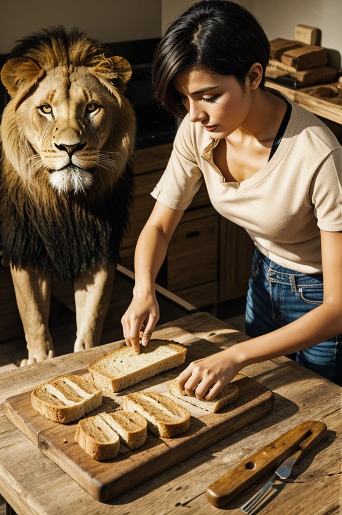 1 woman from .short hair sewn 1 bread without tac with 1 lion
