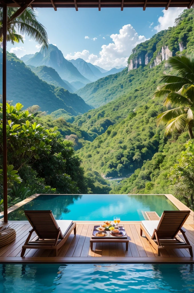 super realistic photograph taken from behind three sun loungers, view of an infinity pool with a mountain in the background, mountainous jungle scenery, in the infinity pool a floating tray with a beautiful romantic breakfast, lush paradise very close to real nature, stunning nature in the background, sharp details 8k quality 30 zoom