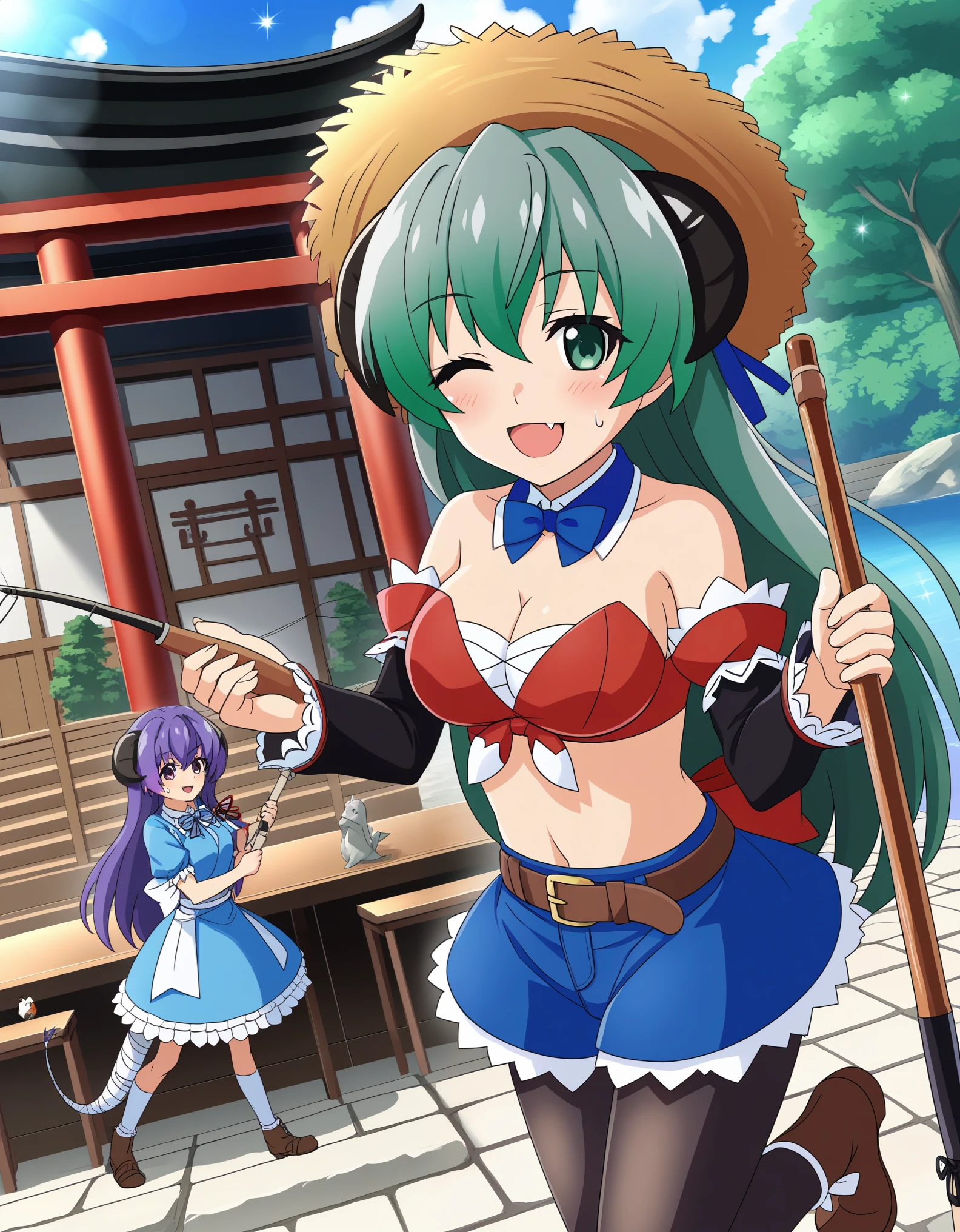 higurashimei, kimiyoshi kazuho, 1girl, solo, looking at viewer, short hair, shirt, skirt, bow, hair between eyes, brown eyes, , white shirt, upper body, grey hair, short sleeves, indoors, bowtie, blue skirt, blue bow, chair, plant, potted plant, hat, outdoors, parted lips, boots, sky, pants, tree, brown footwear, instrument, sunset, guitar, hat feather, fringe trim, orange sky, poncho, breasts, red eyes, dress, medium breasts, pantyhose, detached sleeves, black pantyhose, sleeves past wrists, blue dress, bandages, nature, claws, forest, ofuda, jiangshi, qingdai guanmao, claw (weapon), jiangshi costume, black hair, long sleeves, holding, one eye closed, japanese clothes, alternate costume, wide sleeves, kimono, other, androgynous, music, holding instrument, playing instrument, other focus, green kimono, statue, shrine, flute, stone lantern, open mouth, cleavage, bare shoulders, standing, cloud, sweatdrop, black dress, strapless, window, black bow, detached collar, dutch angle, table, lens flare, black sleeves, back bow, classroom, evening, holding broom, dusk, long hair, large breasts, multiple girls, thighhighs, girls, green eyes, green hair, fang, leotard, skin fang, microphone, waitress, sonozaki mion, sonozaki shion, weapon, hair bow, frills, day, puffy sleeves, striped clothes, armor, apron, blue sky, puffy short sleeves, cosplay, frilled dress, gauntlets, card, petticoat, falling, striped pantyhose, castle, alice (alice in wonderland) (cosplay), alice (alice in wonderland), navel, shorts, collared shirt, belt, midriff, water, crop top, short shorts, sparkle, animal, denim, red shirt, blue shorts, fish, denim shorts, straw hat, tied shirt, cutoffs, fishing rod, fishing, holding fishing rod, fishing line, blush, smile, closed mouth, very long hair, purple eyes, collarbone, swimsuit, purple hair, bikini, horns, sleeveless, belt buckle, blue pants, brown belt, layered sleeves, yellow bikini, hand net, net, hanyuu, animal ears, tail, ass, food, choker,