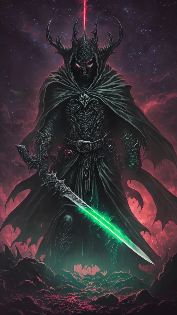 A dark and ominous creature of darkness, a god of death with a black crown, red glowing eyes, dynamic point of view, a fantasy character with a large torn black cape, wearing black and torn clothes, holding a magic sword with a blue and green aura around it, magical effects surrounding the sword, set against a very dark evening outdoor background on a dark plain.