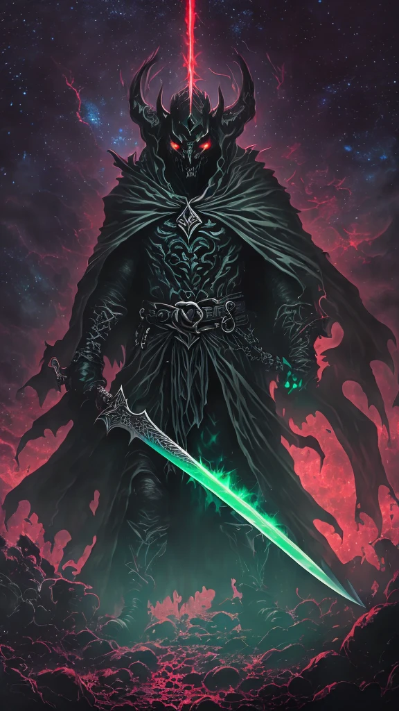 A dark and ominous creature of darkness, a god of death with a black crown, red glowing eyes, dynamic point of view, a fantasy character with a large torn black cape, wearing black and torn clothes, holding a magic sword with a blue and green aura around it, magical effects surrounding the sword, set against a very dark evening outdoor background on a dark plain.