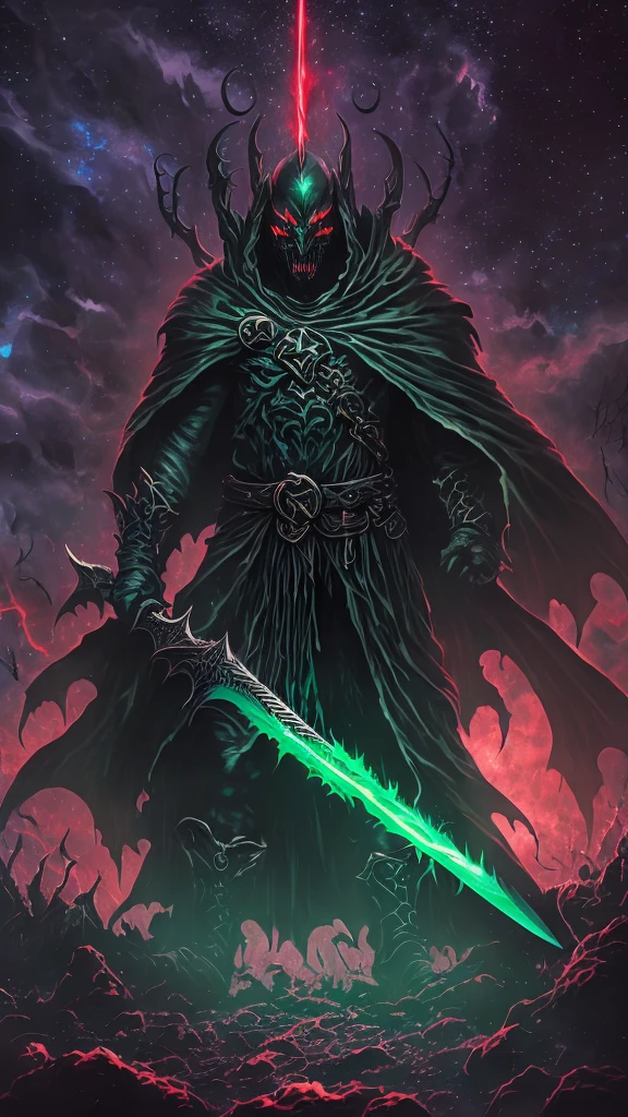 A dark and ominous creature of darkness, a god of death with a black crown, red glowing eyes, dynamic point of view, a fantasy character with a large torn black cape, wearing black and torn clothes, holding a magic sword with a blue and green aura around it, magical effects surrounding the sword, set against a very dark evening outdoor background on a dark plain.