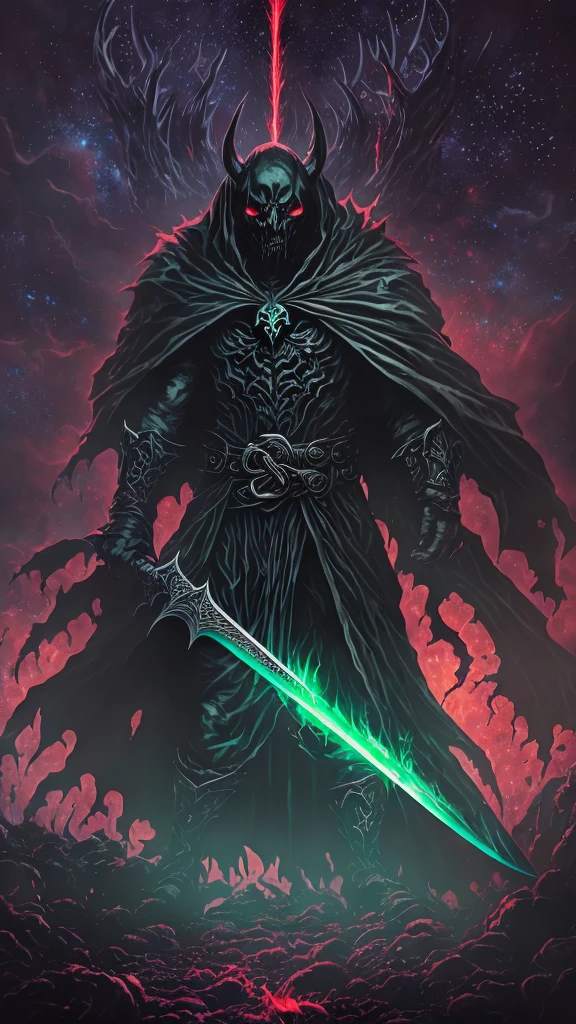 A dark and ominous creature of darkness, a god of death with a black crown, red glowing eyes, dynamic point of view, a fantasy character with a large torn black cape, wearing black and torn clothes, holding a magic sword with a blue and green aura around it, magical effects surrounding the sword, set against a very dark evening outdoor background on a dark plain.