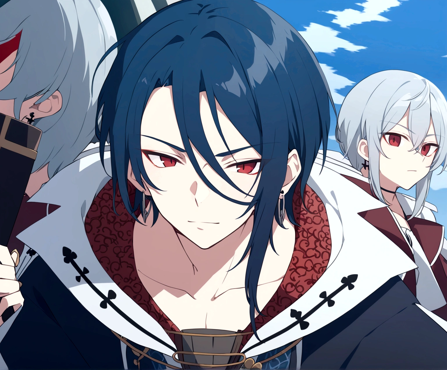 male anime character, red eyes, black hair, long blue hourglass tip earrings, blue, red and black tone clothes, male  