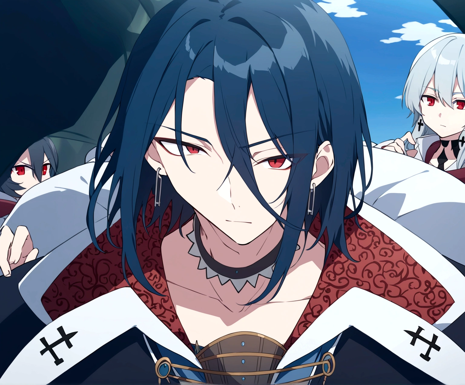 male anime character, red eyes, black hair, long blue hourglass tip earrings, blue, red and black tone clothes, male  