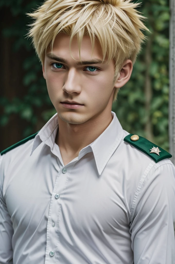 (Ultra quality) (high resolution) anime boy, spiky blonde hair, Red eyes, delicate face, with Mr. frown, and green and lead uniform