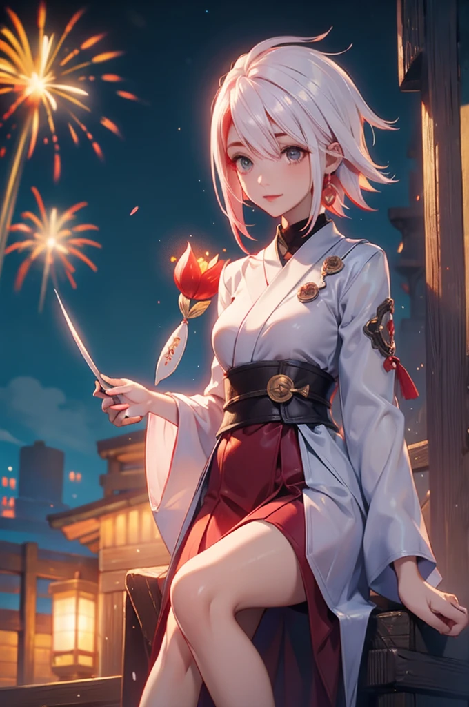 Melissa kimono night in the firework, white red combine colour hair , short hair