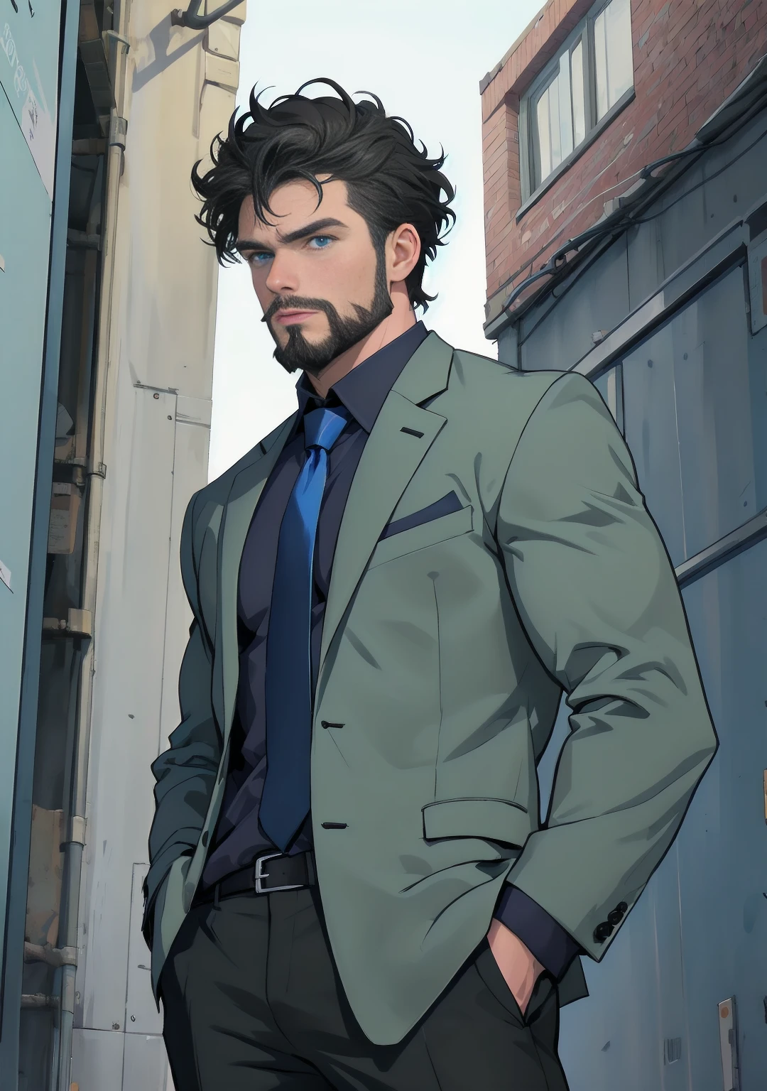 (best quality, masterpiece:1.4), (Richard Madden:0.8), 1boy, solo, male focus, black hair, short hair, beard stubble, detailed eyes, deep blue eyes, black business suit, blue shirt, necktie, intense, closed mouth, upperbody, toned, standing, hands in pockets, looking down, from below, office background