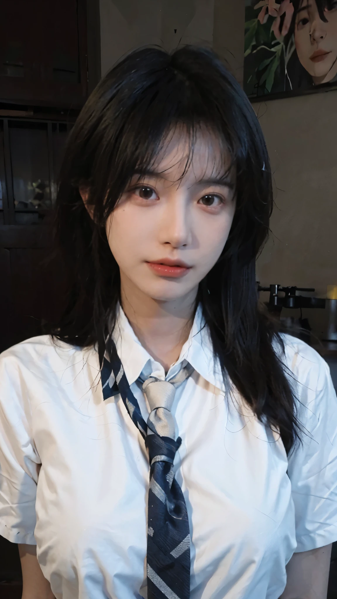 Best quality,masterpiece,ultra high res,(photorealistic:1.4),1girl,sexy,(shirt and tie:1.2),(large breast:1.3),(upper body:1.4)