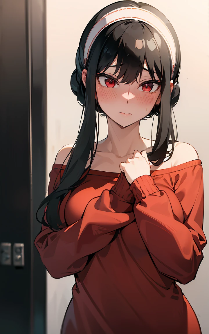 Absurd:1.8, Realistic, unity 8k wallpaper, masterpiece, Detailed Hair, Very detailed, Realistic glistening skin、(Black-haired、Long hair short hair、White hair band、Red eyes、Off the shoulder、Red sweater、Long sleeve)、(Embarrassing、blush:1.3)、