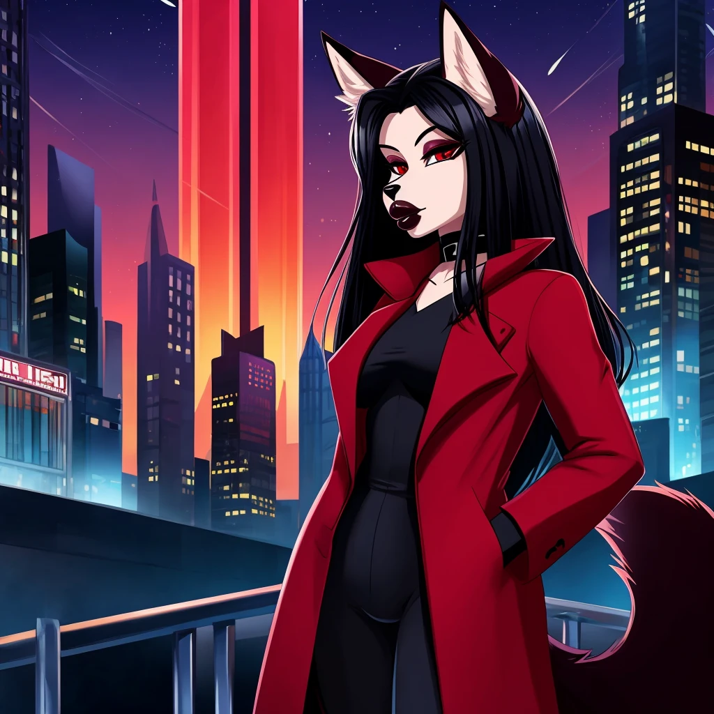 Draw a furry anthropomorphic fox, with long black hair, with red eyes, with burgundy lipstick on big lips, bimbo, red coat, dressed in a black classic jacket with a black top, with a black choker around his neck, with a fluffy tail, very attractive, serious stands against the backdrop of the night city