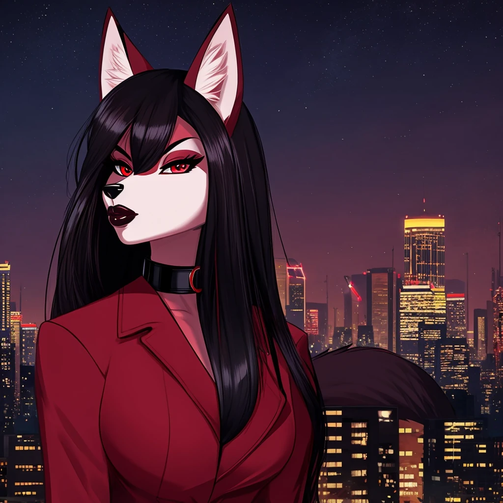 Draw a furry anthropomorphic fox, with long black hair, with red eyes, with burgundy lipstick on big lips, bimbo, red coat, dressed in a black classic jacket with a black top, with a black choker around his neck, with a fluffy tail, very attractive, serious stands against the backdrop of the night city