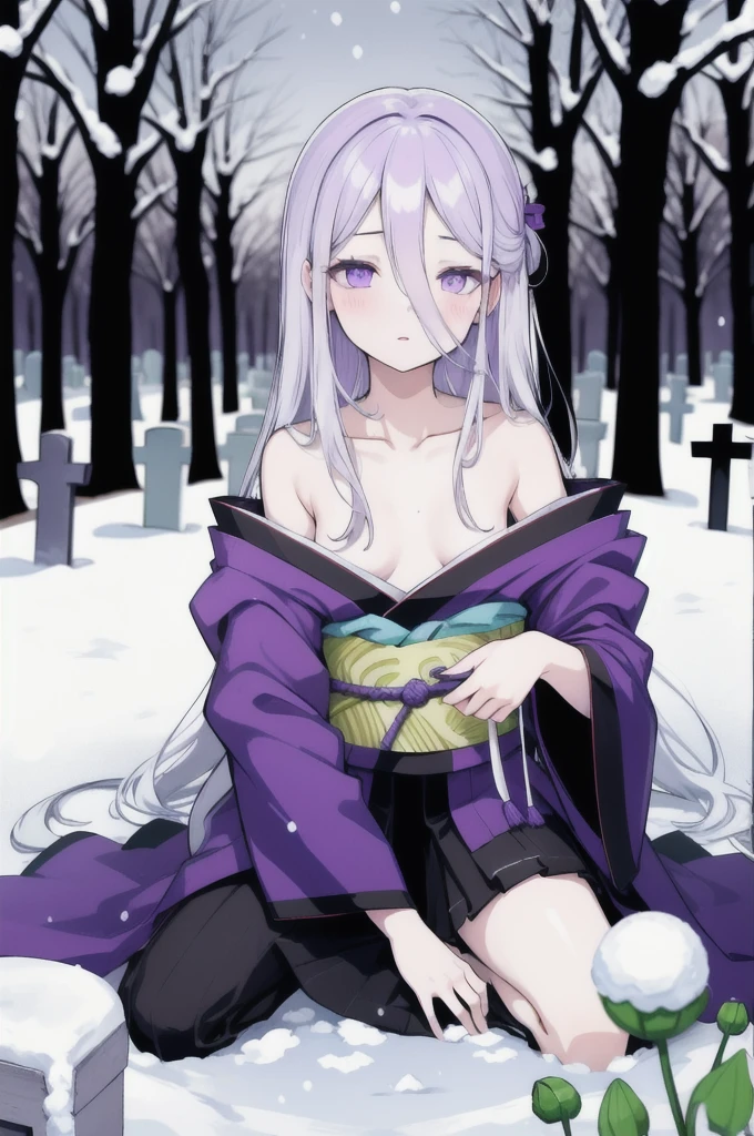 Highest quality, masterpiece,White Hair, Purple Eyes, Purple kimono, Exposing shoulders, ,Fair skin, Long Hair, Long Bangs,  Small breasts, Confused eyes, snow, sexy, Cemetery, Cross Grave, jitome, lotus position, stretching, half closed eyes, Off Shoulder