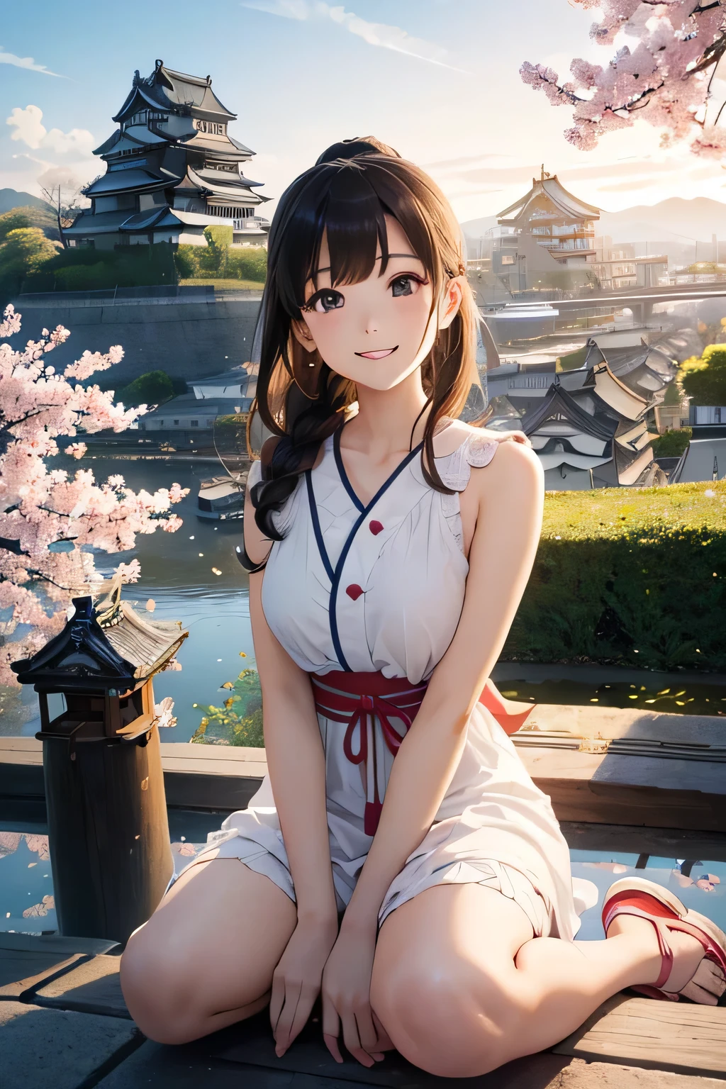 Highest quality、High resolution、Detailed Background、(Beautiful face in every detail:1.4)、Anatomically correct、(Draw the usual number of fingers:1.2)、(Detailed facial expressions)、(Detailed eyes:1.2)、(Detailed eyes:1.2)、Teenage beauty、(Highly detailed face:1.4)、Brown Hair、Braided Ponytail、Braided Bob、Braided long hair、Wavy Hairstyle、well-groomed eyebrows、cute eye makeup、Cute Lip Makeup、cute gesture、Show the whole body、Himeji castle、Inuyama Castle、Matsumoto Castle、Hikone Castle、

(A beautiful girl with a big smile with a Japanese castle in the background:1.5)、

Choose a cool chiffon dress or camisole dress for a light and airy look.、
It is recommended to wear it with casual shoes such as sandals or sneakers.、
Add some glamour with hair accessories、

A clean, all-white look is stylish for midsummer、
Sleeveless or tank tops、Bottoms include shorts and wide pants.、
We recommend natural materials for accessories such as sandals.、cute、

Himeji castle、One of Japan&#39;s most famous castles, designated as a national treasure with a beautiful white exterior、
Including the castle tower々The elegant architecture creates an elegant atmosphere.、
Cherry blossom season and night illuminations、The charm of this place is that its appearance changes with the seasons.
