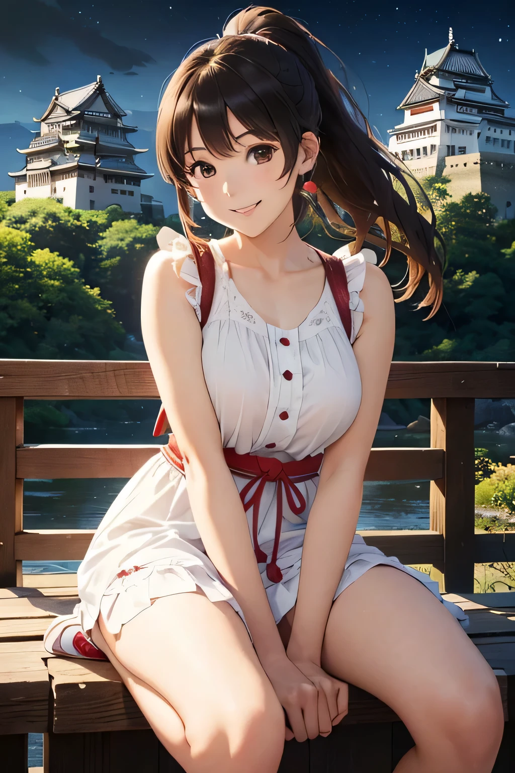 Highest quality、High resolution、Detailed Background、(Beautiful face in every detail:1.4)、Anatomically correct、(Draw the usual number of fingers:1.2)、(Detailed facial expressions)、(Detailed eyes:1.2)、(Detailed eyes:1.2)、Teenage beauty、(Highly detailed face:1.4)、Brown Hair、Braided Ponytail、Braided Bob、Braided long hair、Wavy Hairstyle、well-groomed eyebrows、cute eye makeup、Cute Lip Makeup、cute gesture、Show the whole body、Himeji castle、Inuyama Castle、Matsumoto Castle、Hikone Castle、
(A beautiful girl with a big smile with a Japanese castle in the background:1.5)、
Choose a cool chiffon dress or camisole dress for a light and airy look.、
It is recommended to wear it with casual shoes such as sandals or sneakers.、
Add some glamour with hair accessories、
A clean, all-white look is stylish for midsummer、
Sleeveless or tank tops、Bottoms include shorts and wide pants.、
We recommend natural materials for accessories such as sandals.、cute、
Himeji castle、One of Japan's most famous castles, designated as a national treasure with a beautiful white exterior、
Including the castle tower々The elegant architecture creates an elegant atmosphere.、
Cherry blossom season and night illuminations、The charm of this place is that its appearance changes with the seasons.