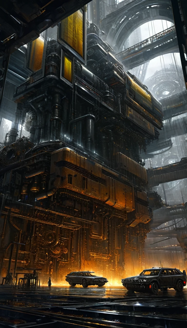 (art inspired by juan gimenez,oil painting,highly detailed,cinematic lighting,dramatic colors,intricate machinery,futuristic technology,epic scale,moody atmosphere,dark and gritty,masterpiece,best quality,8k,photorealistic,professional)