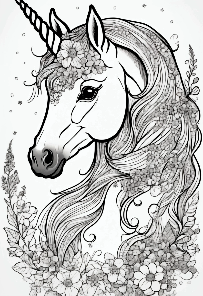 a cute unicorn. clean line art, white background, colouring page, clean outline, sketch style, clean lines, details line work, floral design,