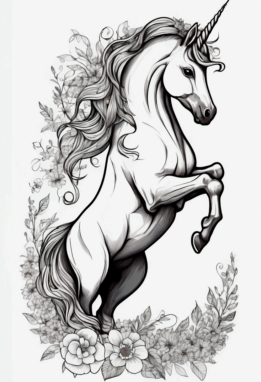 a cute unicorn. clean line art, white background, colouring page, clean outline, sketch style, clean lines, details line work, floral design,