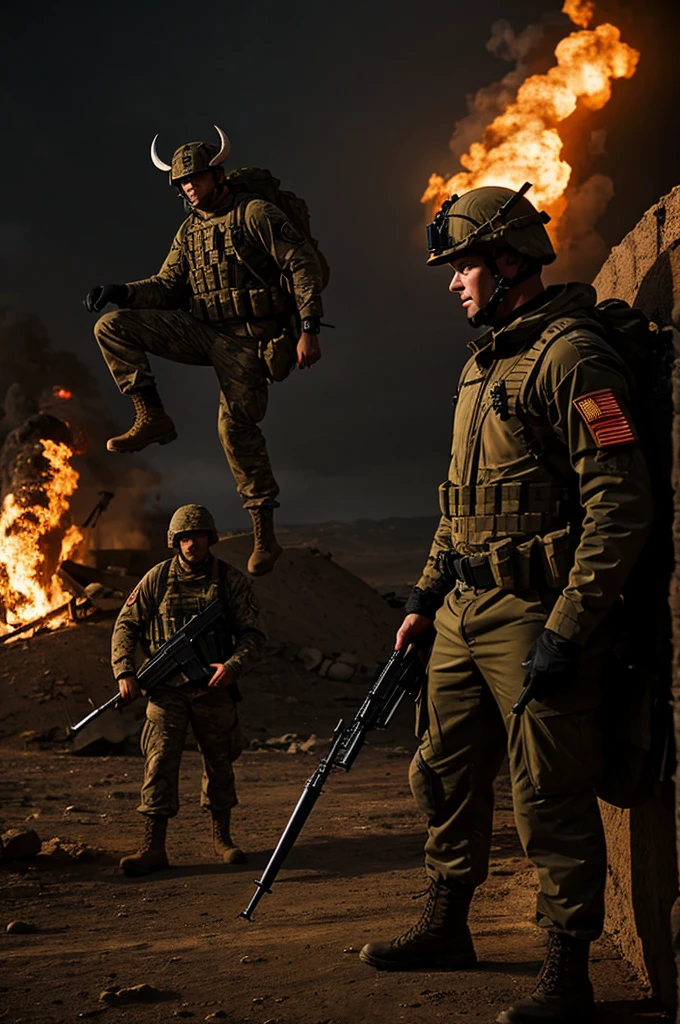 Make a soldier watching the hell before him while a demon tries to get closer