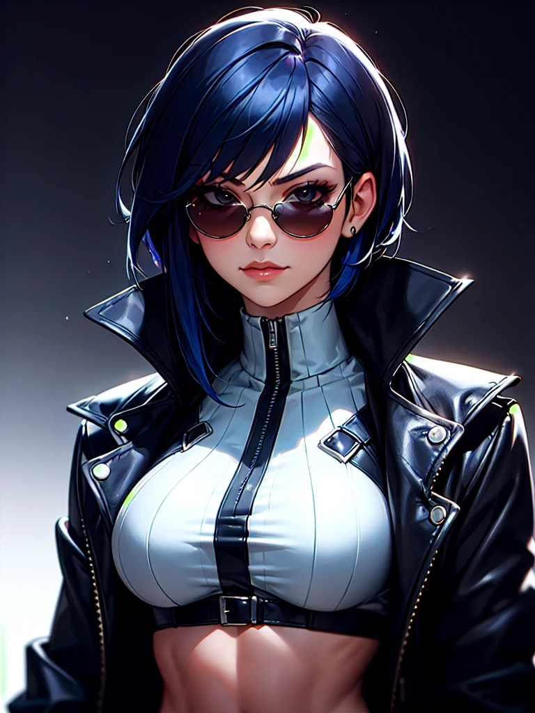 ((Portrait)), She has a Robust, Dark Blue Haired Appearance, with Sensual Charm and a Muscular Build. She Expresses a Proud and Smug Look, Giving Off a Self-Confident Attitude. She has Black Eyes, Her Hair is Short and Tousled, Dark Blue Gradient, with Uneven Strands Falling Around Her Face. She Wears an Oversized, Open Black Leather Coat, with a High-Neck Crop Top, Revealing Her Midriff, and Dark Sunglasses. ((Portrait, HDR, Dark Background))
