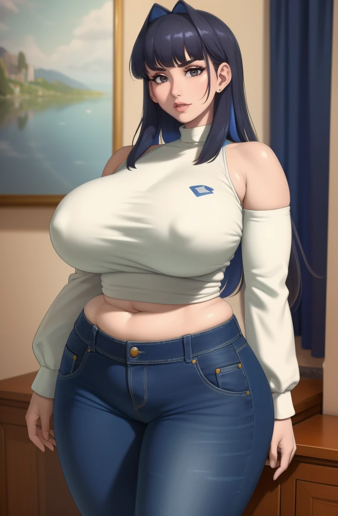 (best quality,4k,8k,highres,masterpiece:1.2), ultra-detailed, (realistic,photorealistic,photo-realistic:1.37), HDR, UHD, studio lighting, ultra-fine painting, sharp focus, physically-based rendering, extreme detail description, professional, vivid colors, bokeh, portraits, photography, (best quality,masterpiece:1.3), (mature woman, milf), (tall:1.2), anime, masterpiece, beautiful eyes, best quality, detailed face, 1girl, solo, beautiful, KroniiCasual, long hair, hair intakes, turtleneck, long sleeves, bare shoulders, jeans, blue eyes, huge breasts, huge belly, GiganticAi, plump, chubby, curvy, chubby girl, soft shading, detailed, semi-realistic, sciamano240