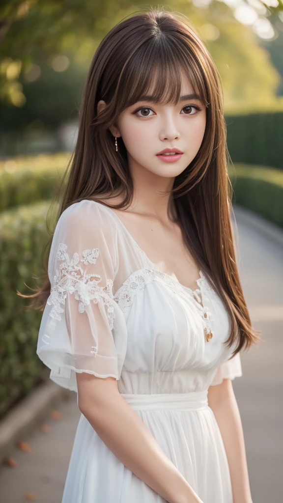 Best quality, 8k, ,Masterpiece :1.3)), facing viewer,((full body1.2)) ,pretty woman, wide shot ,1girl, , , , , brown hair , bangs,ultra-detailed face, highly detailed lips, detailed eyes, double eyelid