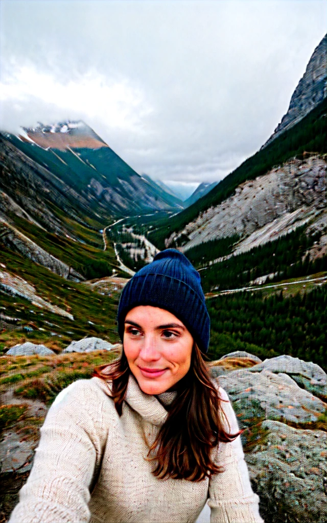 fot, Photo of Pretty woman, Selfie, trunk, standing alone, wearing pullover, plein-air, (natta), mountainscape, real life nature, stele, moonligh, happy, glad, mitts, sweater, bonnet, forst, stones, Riu, Wood, smoke, FOG, gazing at viewer, texture skin, photo grain, close up, CRU photo