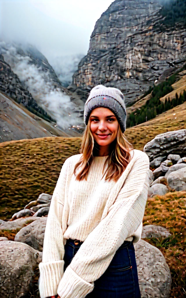 fot, Photo of Pretty woman, Selfie, trunk, standing alone, wearing pullover, plein-air, (natta), mountainscape, real life nature, stele, moonligh, happy, glad, mitts, sweater, bonnet, forst, stones, Riu, Wood, smoke, FOG, gazing at viewer, texture skin, photo grain, close up, CRU photo