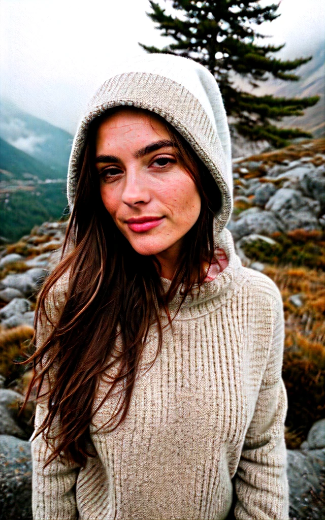 fot, Photo of Pretty woman, Selfie, trunk, standing alone, wearing pullover, plein-air, (natta), mountainscape, real life nature, stele, moonligh, happy, glad, mitts, sweater, bonnet, forst, stones, Riu, Wood, smoke, FOG, gazing at viewer, texture skin, photo grain, close up, CRU photo
