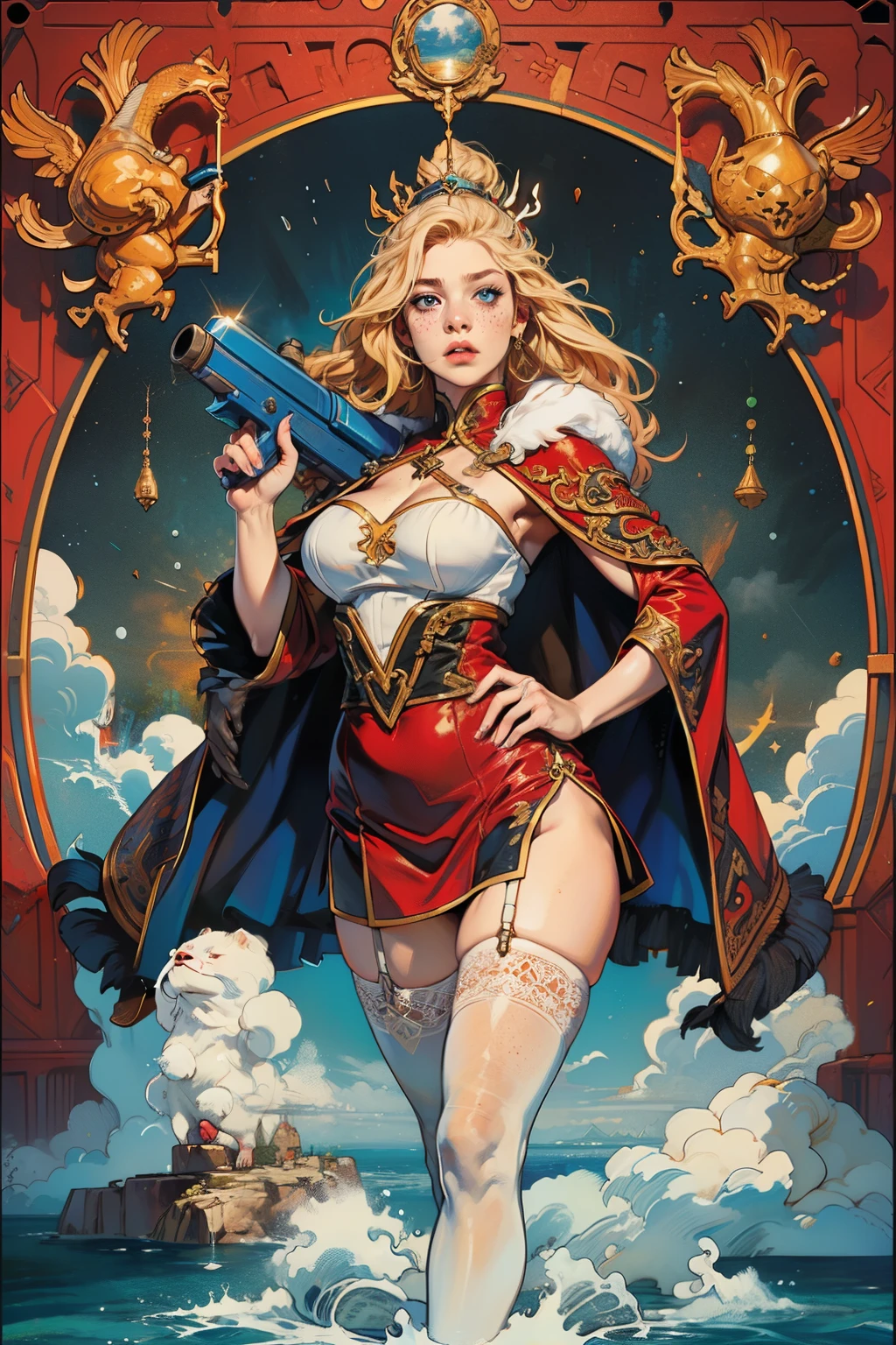 ((best qualityer)), ((work of art)), (detailded), Goddess Freya, beautfull woman, blonde, Attractive woman, voluptuous, slim, busty, Broad Hips, wide thighhighs, clear eyes, short in stature, freckles on the face, viking outfits, animal fur cloak, viking water gun armadillo, holding a mug of beer, wielding a spear