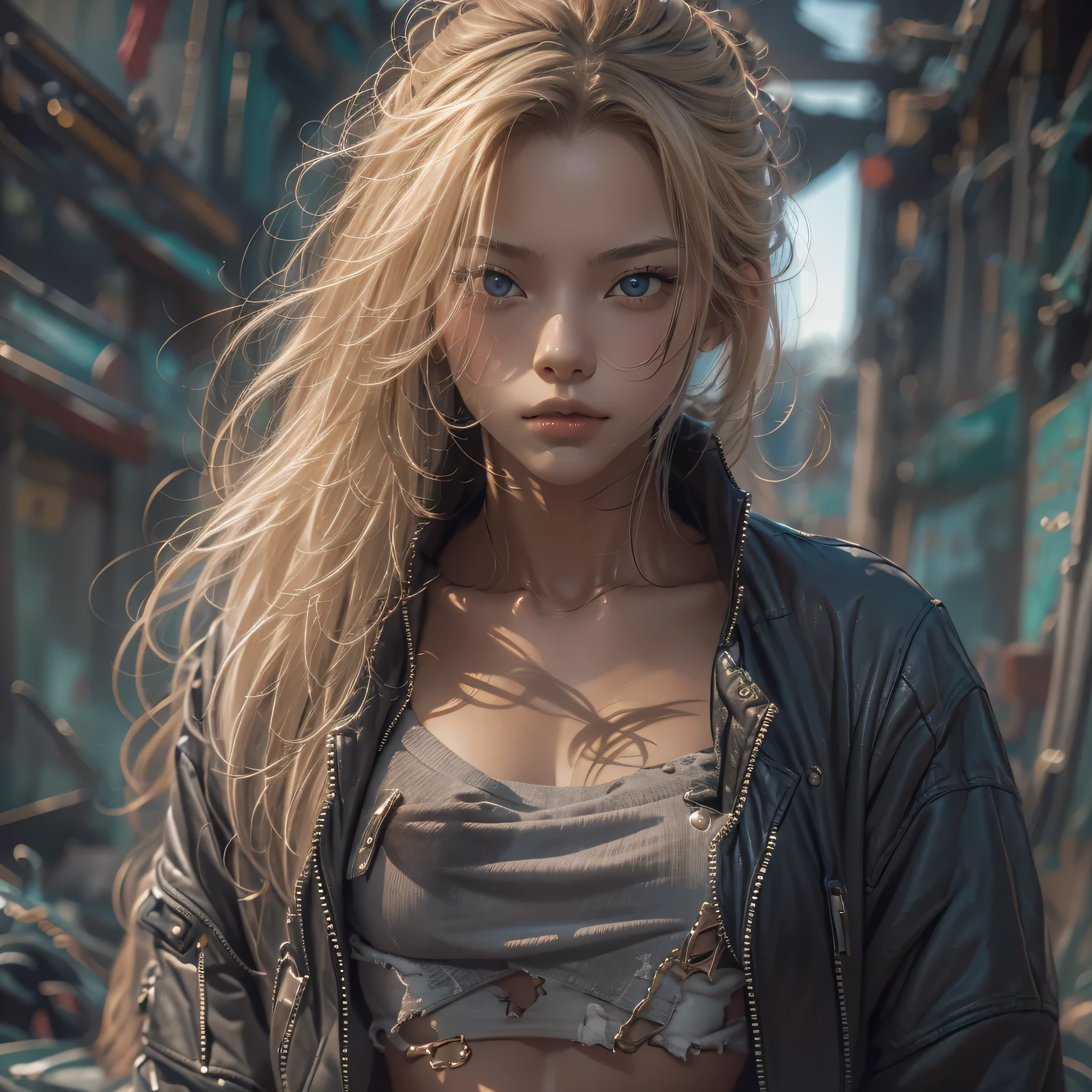 Close up, portrait, face, zomed in on face.
masutepiece, 1 female， Raw photo，Photorealism，High resolution，Best Quality，High Definition, Perfect composition, 
Perfect face, Perfect body, 32K，
Cinematic lighting，torn and ripped clothing, jacket open, naked chest, Real Girl，blond，Slum street background, messy hair, 
seductive, lust

