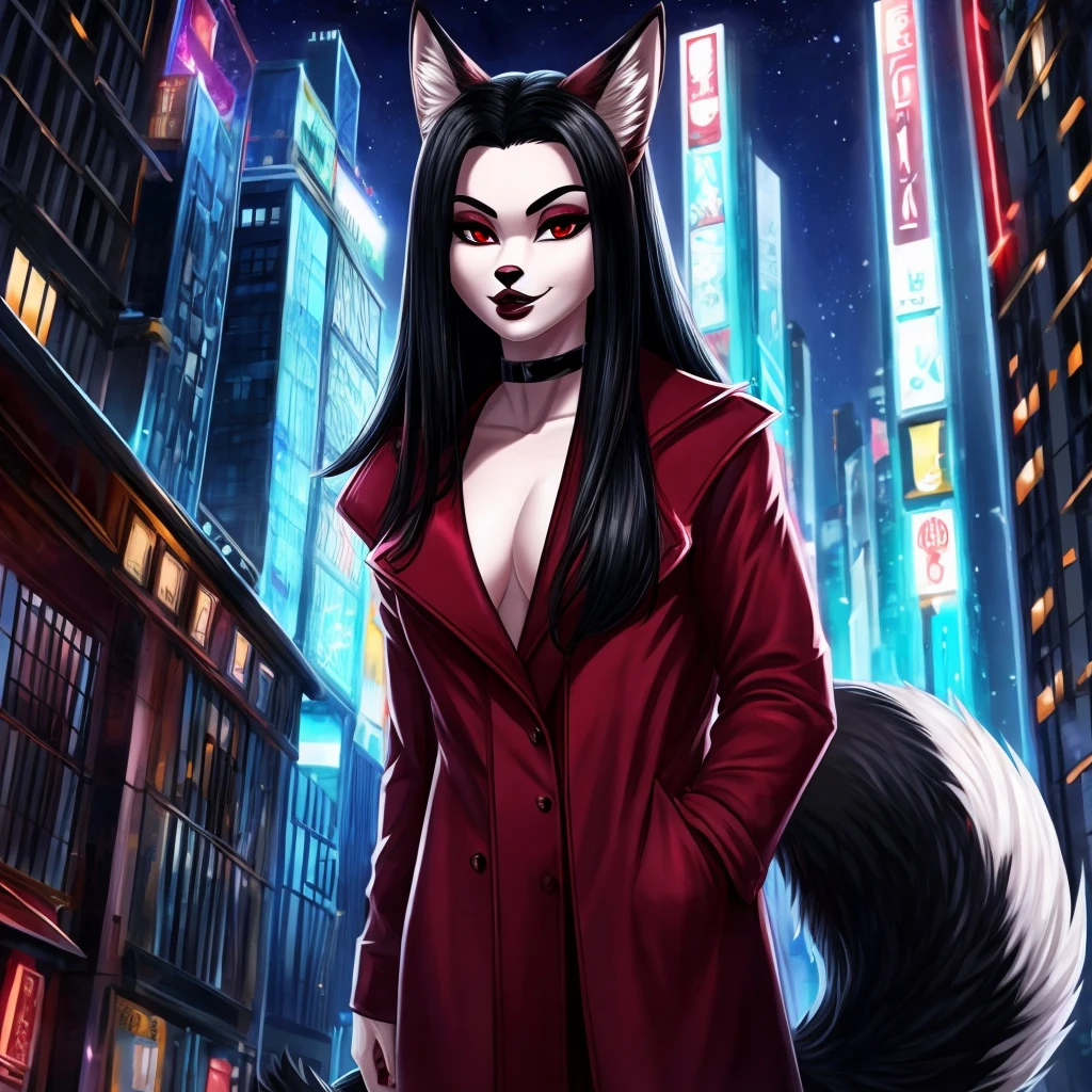 Draw a furry anthropomorphic fox, with long black hair, with red eyes, with burgundy lipstick on big lips, bimbo, red coat, dressed in a black classic jacket with a black top, with a black choker around his neck, with a fluffy tail, very attractive, serious stands against the backdrop of the night city