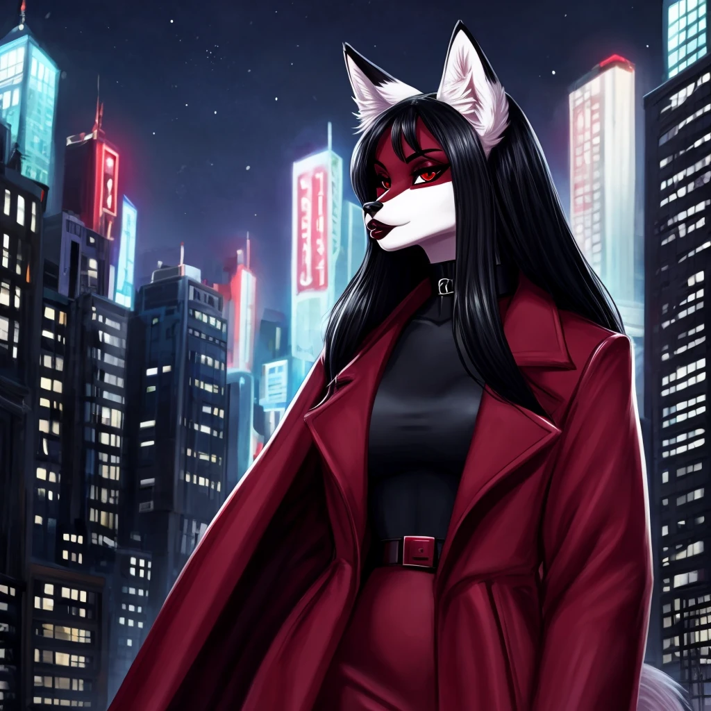 Draw a furry anthropomorphic fox, with long black hair, with red eyes, with burgundy lipstick on big lips, bimbo, red coat, dressed in a black classic jacket with a black top, with a black choker around his neck, with a fluffy tail, very attractive, serious stands against the backdrop of the night city