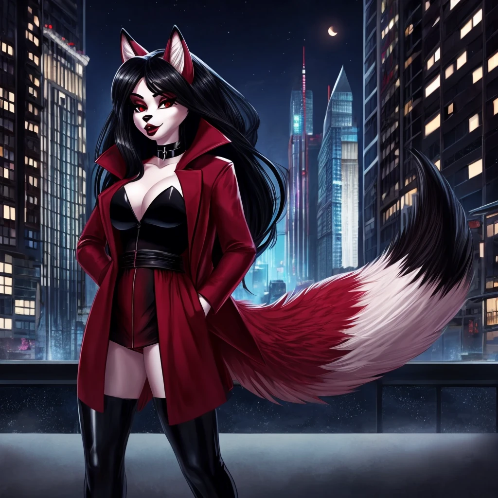 Draw a furry anthropomorphic fox, with long black hair, with red eyes, with burgundy lipstick on big lips, bimbo, red coat, dressed in a black classic jacket with a black top, with a black choker around his neck, with a fluffy tail, very attractive, serious stands against the backdrop of the night city