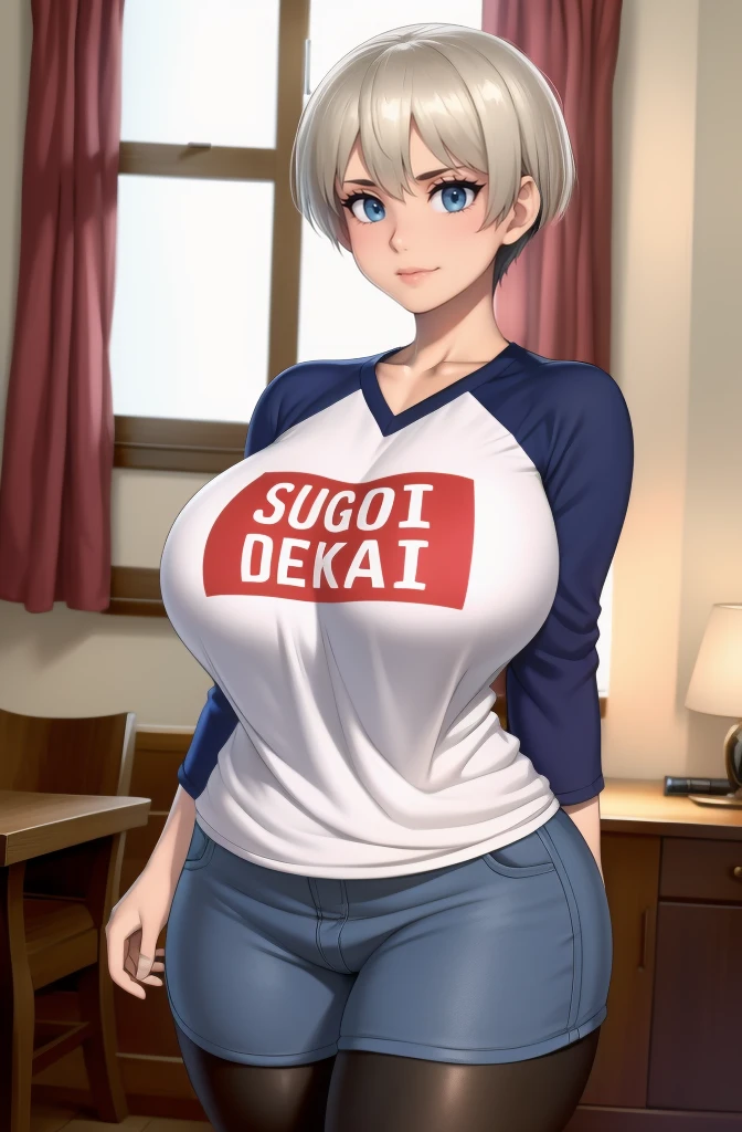 (best quality,4k,8k,highres,masterpiece:1.2), ultra-detailed, (realistic,photorealistic,photo-realistic:1.37), HDR, UHD, studio lighting, ultra-fine painting, sharp focus, physically-based rendering, extreme detail description, professional, vivid colors, bokeh, portraits, photography, (best quality,masterpiece:1.3), (mature woman, milf), (tall:1.2), anime, masterpiece, beautiful eyes, best quality, detailed face, 1girl, solo, beautiful, uh1, blue eyes, shirt, raglan sleeves, romaji text, clothes writing, long sleeves, denim shorts, pantyhose, fang, huge breasts, GiganticAi, plump, chubby, curvy, chubby girl, soft shading, detailed, semi-realistic, sciamano240