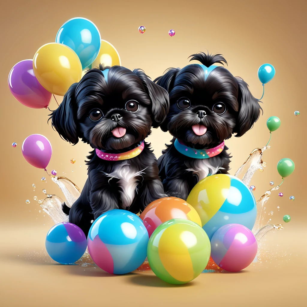 2 Adorable small black Shih Tzu puppies wearing bright bandannas sunglasses throwing water balloons Disney background 3d cartoon 3d render disney pixar style