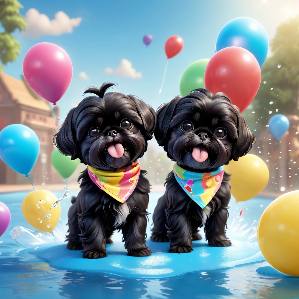 2 Adorable small black Shih Tzu puppies wearing bright sunglasses running on beach Disney background 3d cartoon 3d render disney pixar style