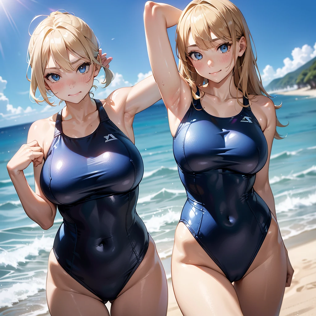 absurderes:2.0、(blue racing swimsuit)、realistic, Unity 8K Wallpaper, Masterpiece, Realistic face, Realistic skin feeling ,detailed hair, highly detailed, realistic glistening skin, Cute Girl, Perfect face, charming face, Glossy skin, (cowboy shot), embarrassed, blond hair、outdoor, light smile, active pose:1.3

