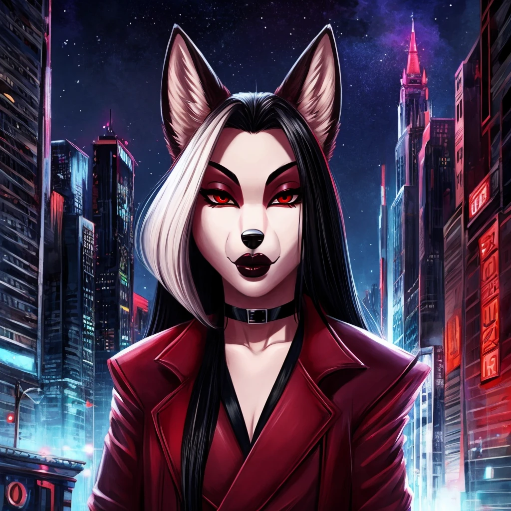 Draw a furry anthropomorphic fox, with long black hair, with red eyes, with burgundy lipstick on big lips, bimbo, red coat, dressed in a black classic jacket with a black top, with a black choker around his neck, with a fluffy tail, very attractive, serious stands against the backdrop of the night city