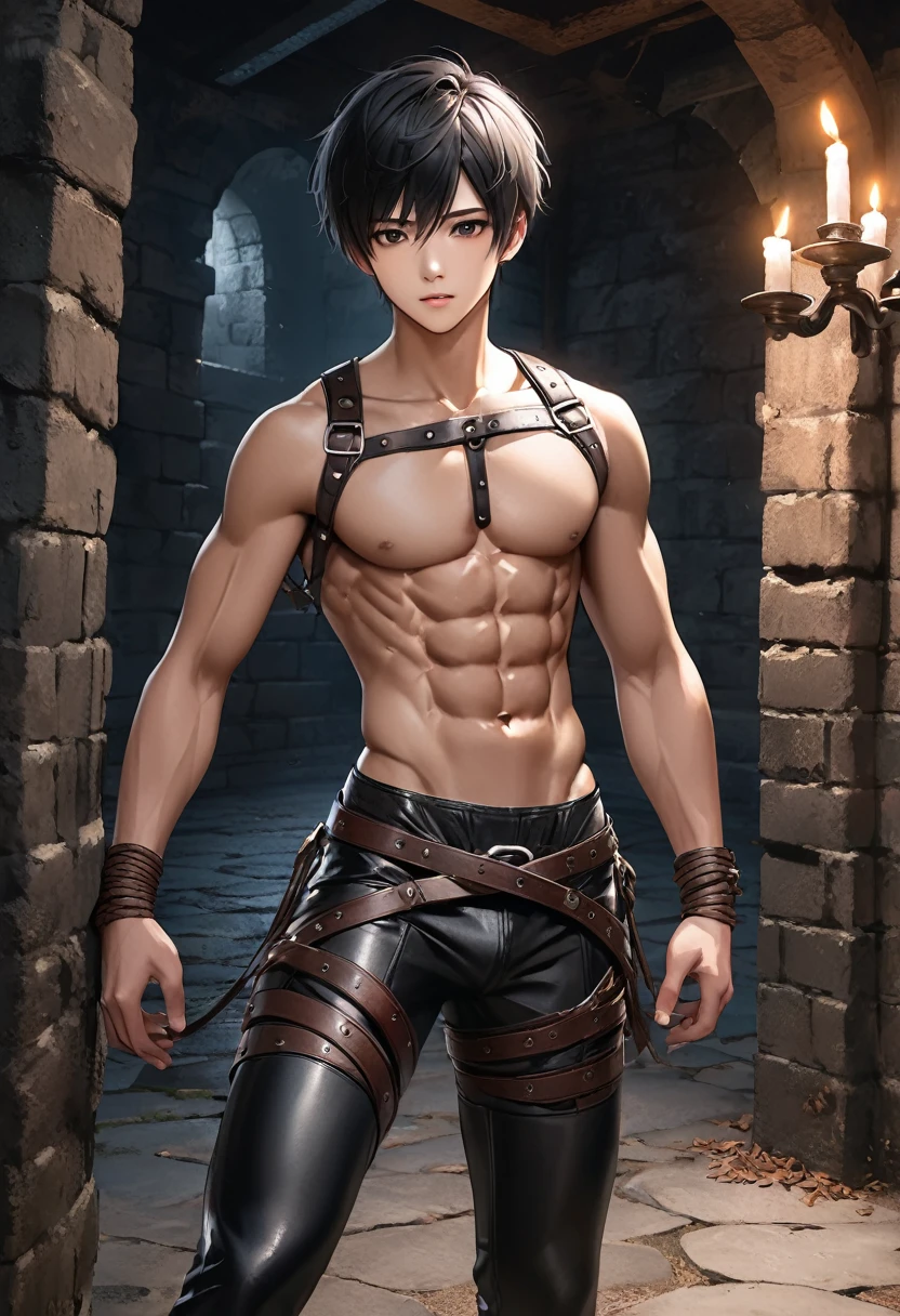 high quality, detailed, Realistic, (19 years old japanese idol boy), (detailed black eyes), (black short hair), (abs:1.5), (dark skin), (leather bondage), dungeon, harness, (leather tiny thongs), (bulge:1.2), candle,