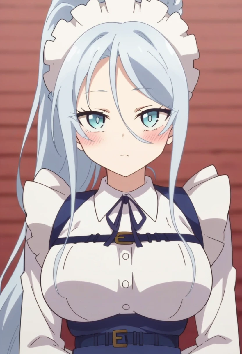 sylpha, long_hair, 1girl, blue_eyes, blue_hair, solo, blush, large_breasts, ponytail   , maid_headdress, maid, apron, upper body, looking at viewer, score_9, score_8_up, score_7_up, , anime coloring ,BREAK source_anime, anime