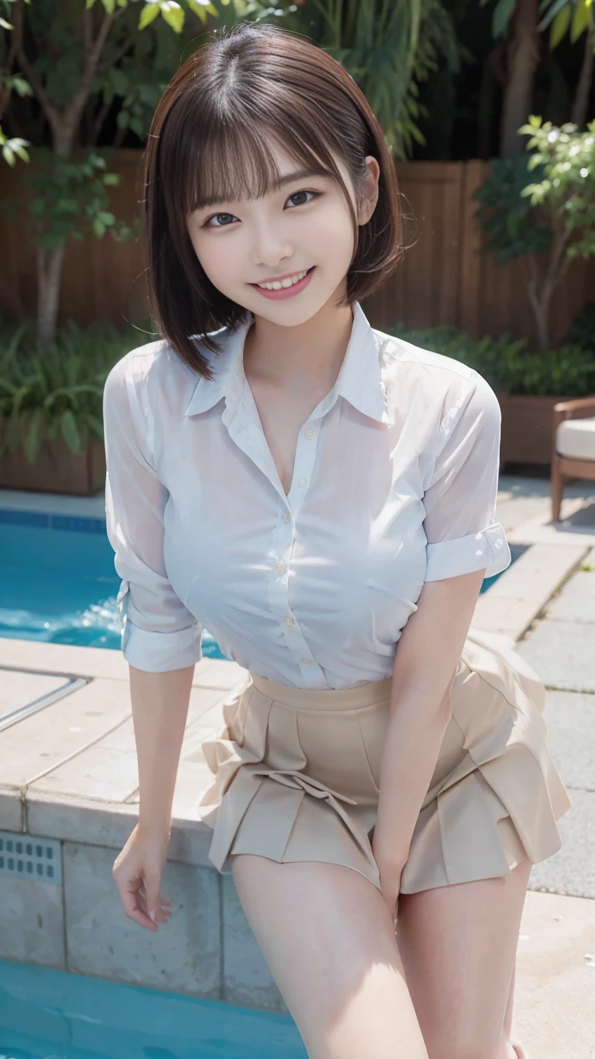 Highest quality, masterpiece, Ultra-high resolution, (Realistic:1.4), Voluptuous,Beautiful woman,(Shortcuts) (Outdoor pool area)Beautiful Skin, Fine skin, 魅惑的なsmile, Bokeh, smile, Shortcutsヘア, White collared shirt, Formal tight skirt,