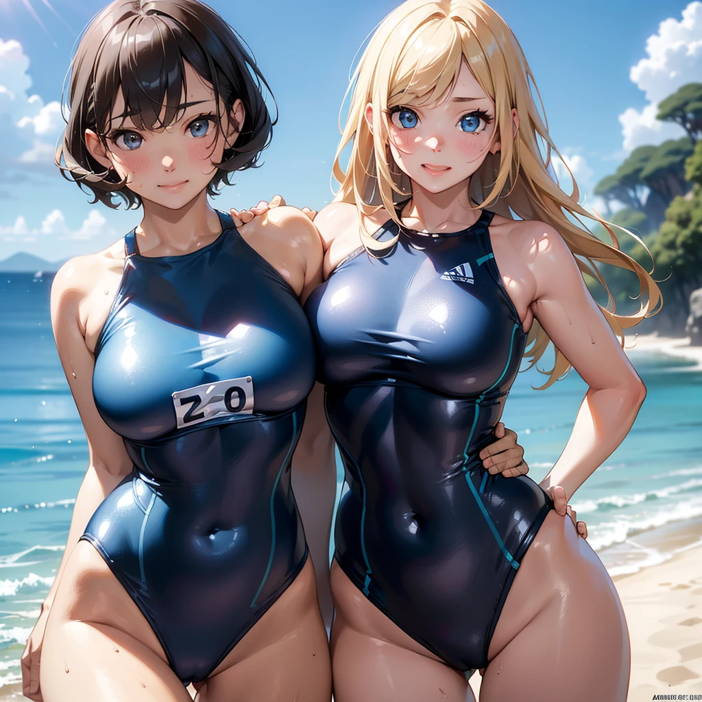 absurderes:2.0、(blue racing swimsuit)、realistic, Unity 8K Wallpaper, Masterpiece, Realistic face, Realistic skin feeling ,detailed hair, highly detailed, realistic glistening skin, Cute Girl, Perfect face, charming face, Glossy skin, (cowboy shot), embarrassed, blond hair、outdoor, light smile, active pose:1.3