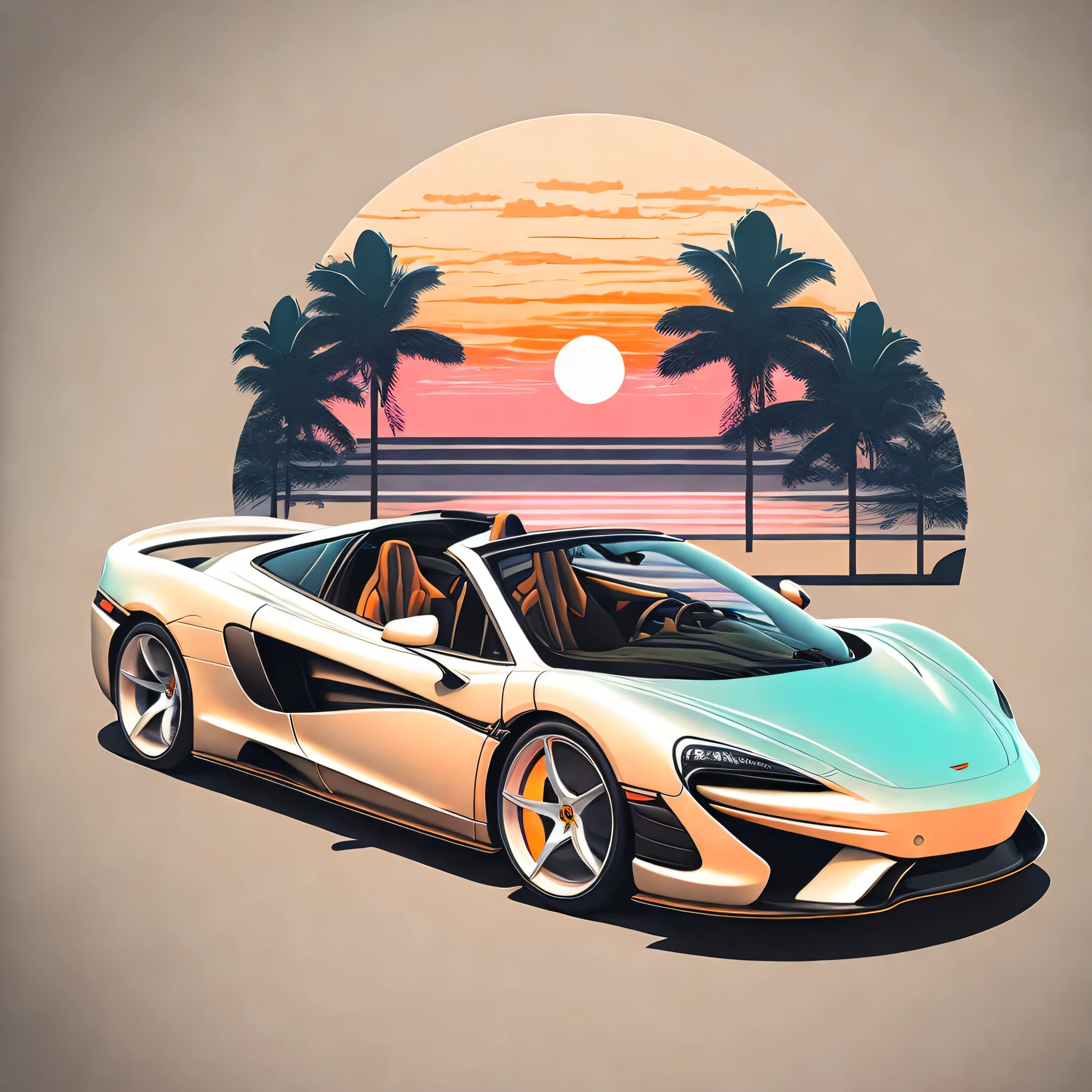 Art for t-shirt graphic design, a retro graphic design, McLaren artura, two miami, soft four-color color, vintage pastel tone, highly detailed cleanliness, vector image, masterpiece realistic, professional photograpy, realistic car, simple car sunrise background, plain black background, isometric, vibrant vector