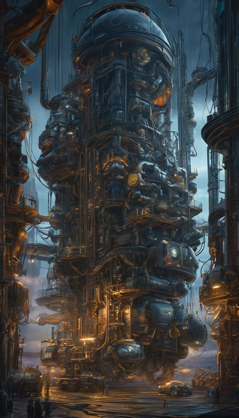 (art inspired by juan gimenez,oil painting,highly detailed,cinematic lighting,dramatic colors,intricate machinery,futuristic technology,epic scale,moody atmosphere,dark and gritty,masterpiece,best quality,8k,photorealistic,professional)
