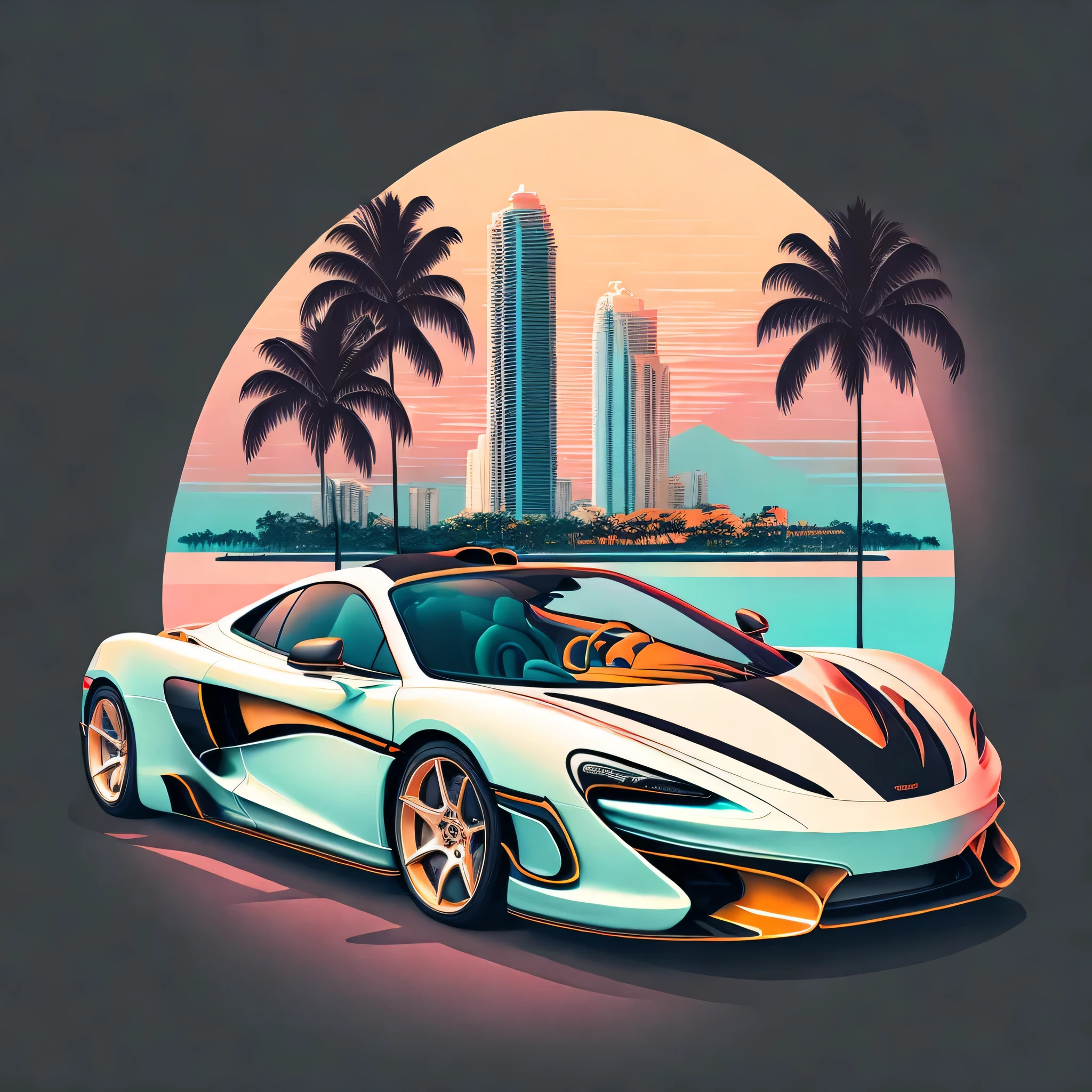 Art for t-shirt graphic design, a retro graphic design, McLaren artura, two miami, soft four-color color, vintage pastel tone, highly detailed cleanliness, vector image, masterpiece realistic, professional photograpy, realistic car, simple car sunrise background, plain black background, isometric, vibrant vector