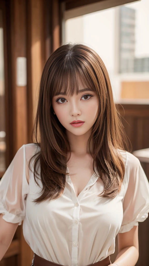 Best quality, 8k, ,Masterpiece :1.3)), facing viewer,((full body1.2)) ,pretty woman, wide shot ,1girl, , , , , brown hair , bangs,ultra-detailed face, highly detailed lips, detailed eyes, double eyelid