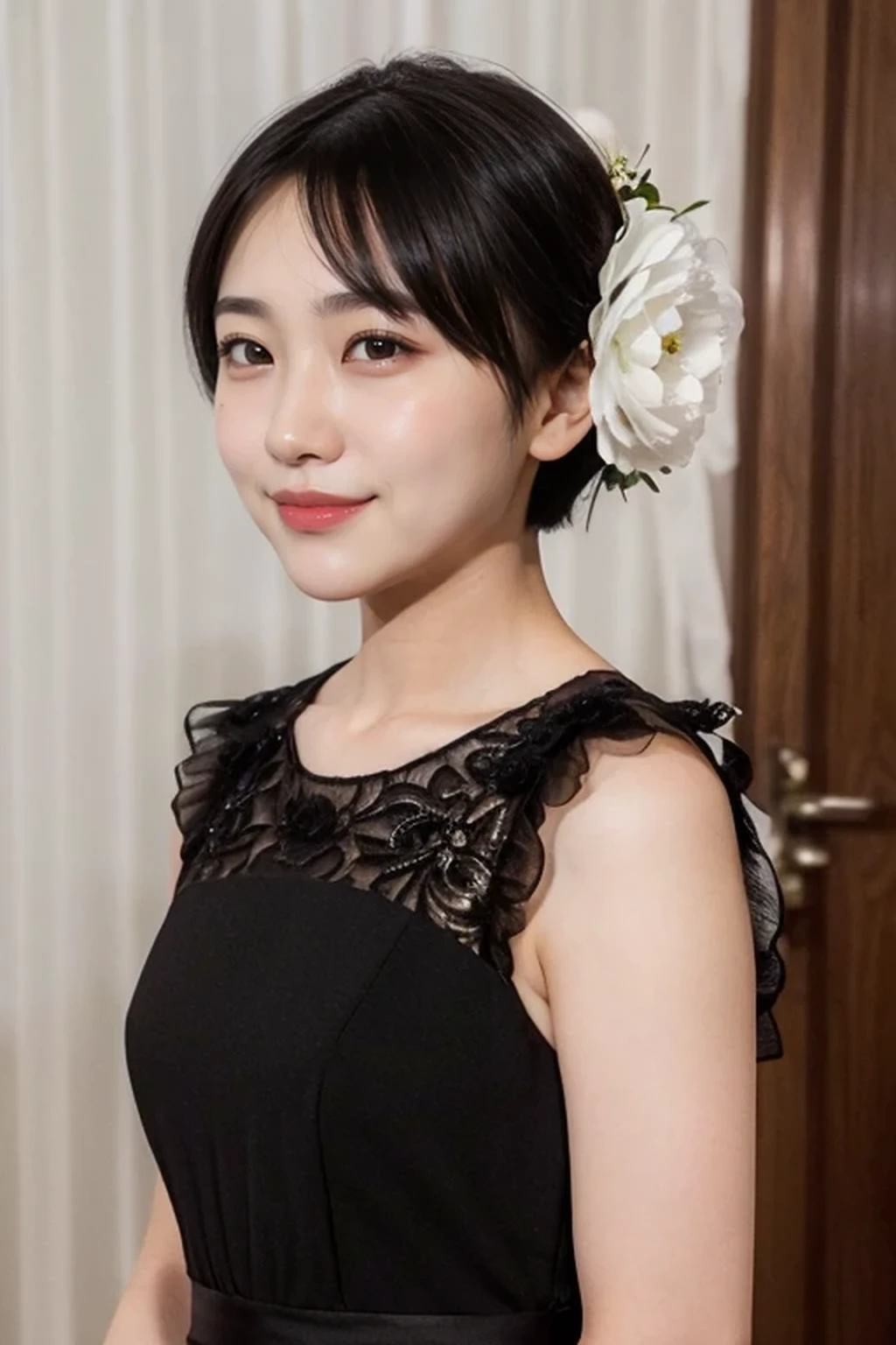 (black wedding bun short hair:1.2), (wedding dress,intricate dress, ball gown, bridal veil, bride, curtains, depth of field, dress, flower, hair flower, hair ornament, see-through,white flower, white rose:1.1),(face full of joy:1.3), one girl, 14 years old, 8k, RAW photo, best quality, masterpiece, realistic, photo-realistic, clear, professional lighting, BREAK, no makeup face, smile, BREAK, (short cut hair, small breasts:1.2), (looking back:1.2), black eyes, black hair, full body
