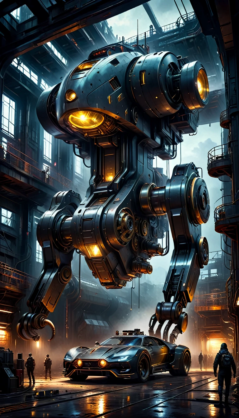 (art inspired by juan gimenez,oil painting,highly detailed,cinematic lighting,dramatic colors,intricate machinery,futuristic technology,epic scale,moody atmosphere,dark and gritty,masterpiece,best quality,8k,photorealistic,professional)